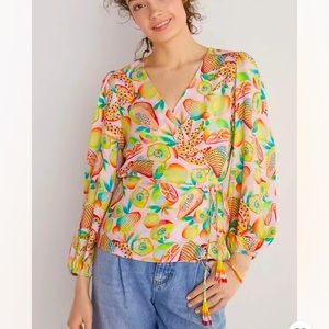 Anthropologie NWT Farm Rio Rainforest Tropical Fruits Wrap Blouse Size S.